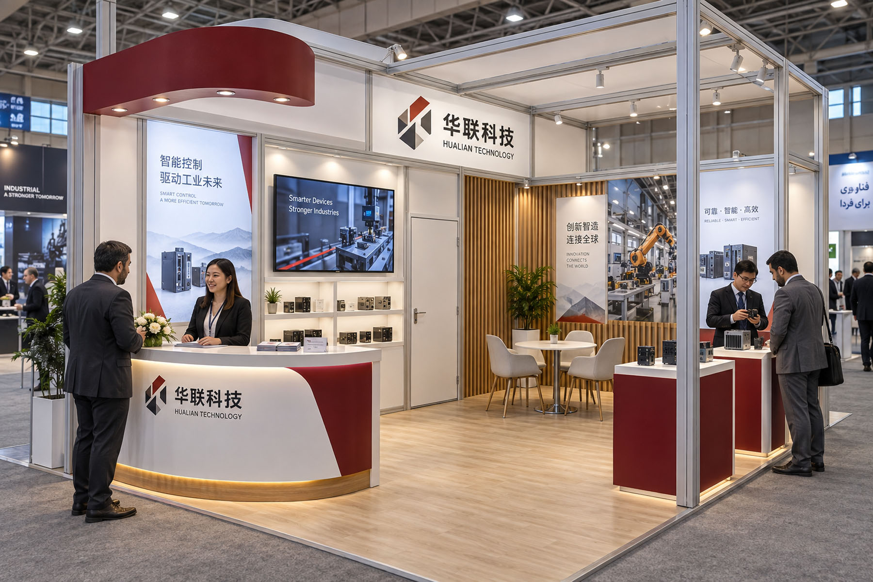 Hybrid booth combining an aluminium system with custom brand elements